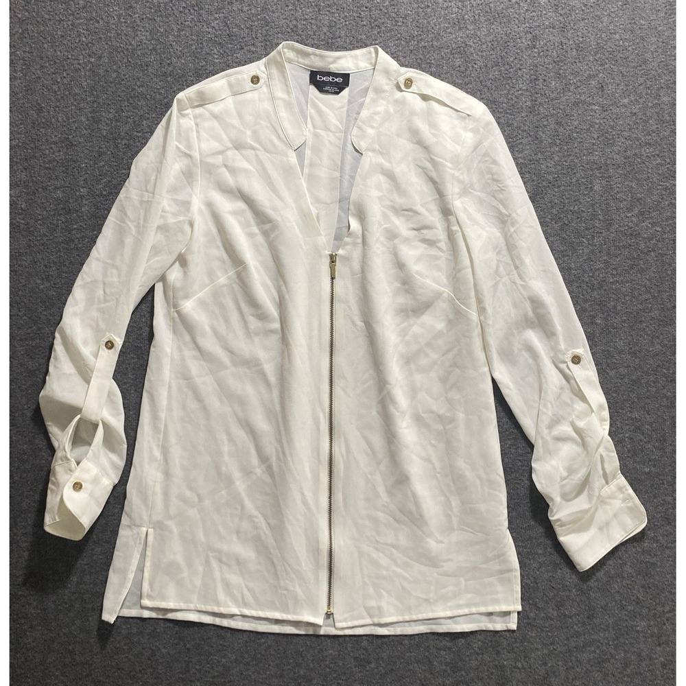 Bebe Women White Full Zip Blouse Roll Tab Sleeve Lightweight Shirt XS